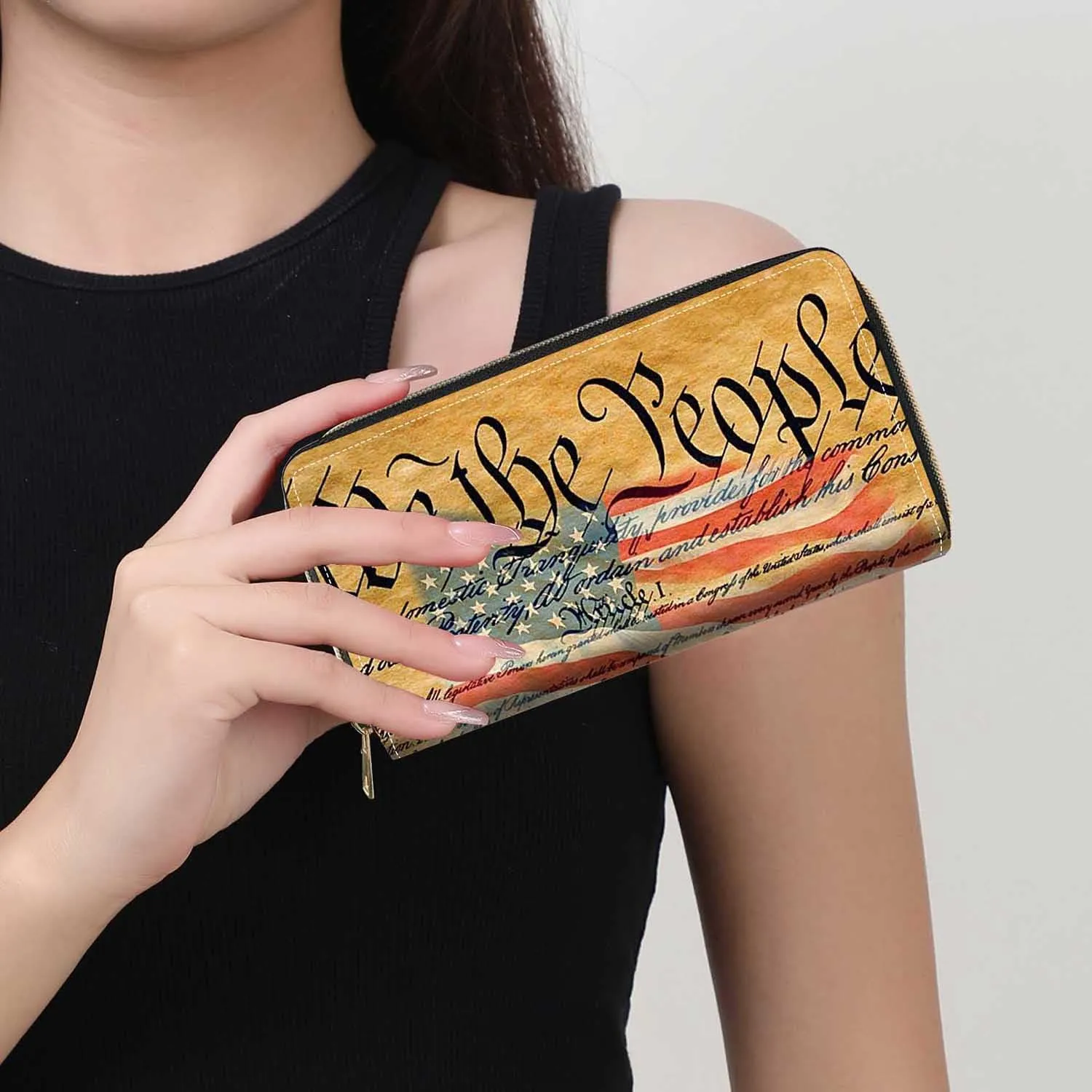 American Flag Constitution We The People Print Wallet for Women Large Capacity Wallet Credit Card Holder PU Leather Zipper Clutch Purse Phone Wallet