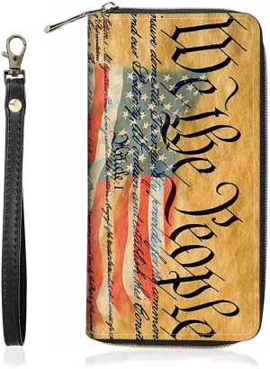 American Flag Constitution We The People Print Wallet for Women Large Capacity Wallet Credit Card Holder PU Leather Zipper Clutch Purse Phone Wallet