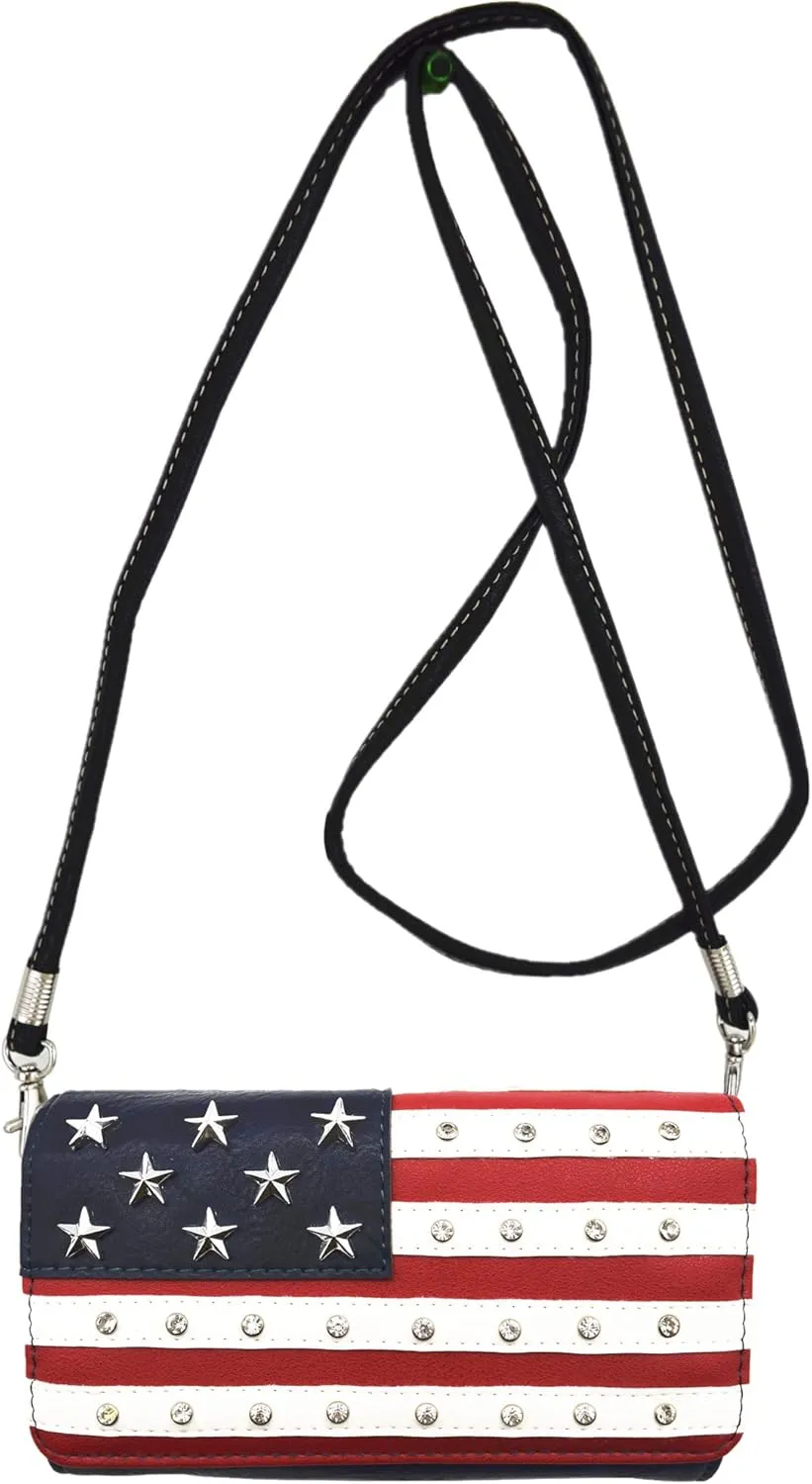 American Flag USA Stars and Stripes Patriotic Leather Purse Women Rhinestone Country Handbag Wallet Set Red White and Blue