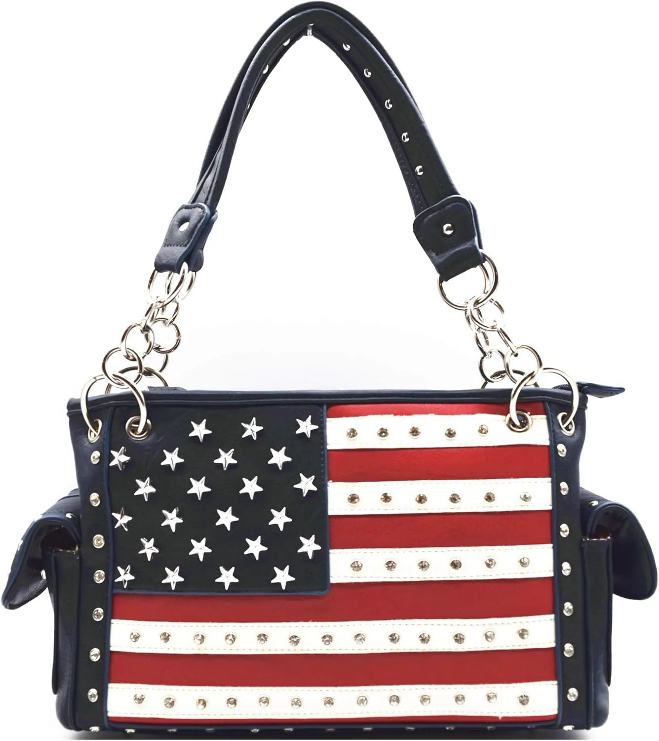 American Flag USA Stars and Stripes Patriotic Leather Purse Women Rhinestone Country Handbag Wallet Set Red White and Blue