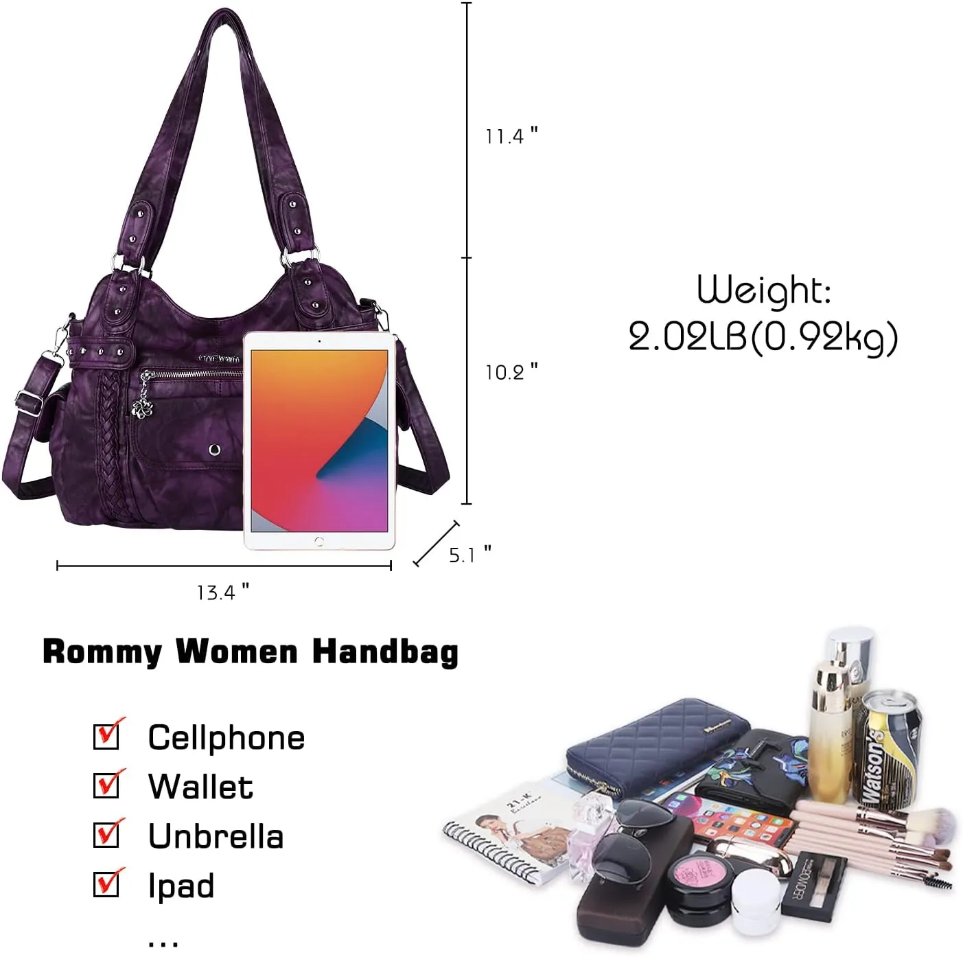 Angel Barcelo Roomy Fashion Hobo Womens Handbags Ladies Purse Satchel Shoulder Bags Tote Washed Leather Bag