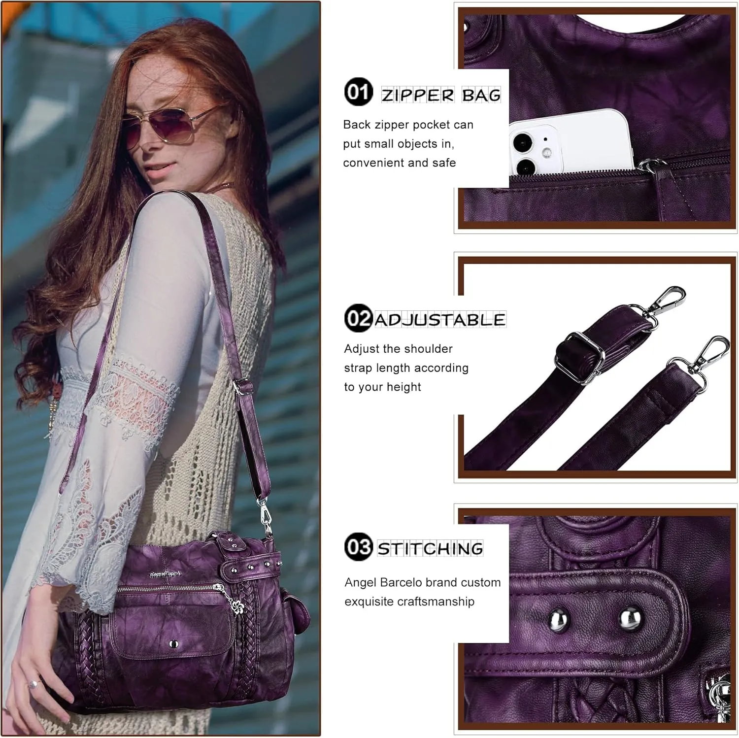 Angel Barcelo Roomy Fashion Hobo Womens Handbags Ladies Purse Satchel Shoulder Bags Tote Washed Leather Bag