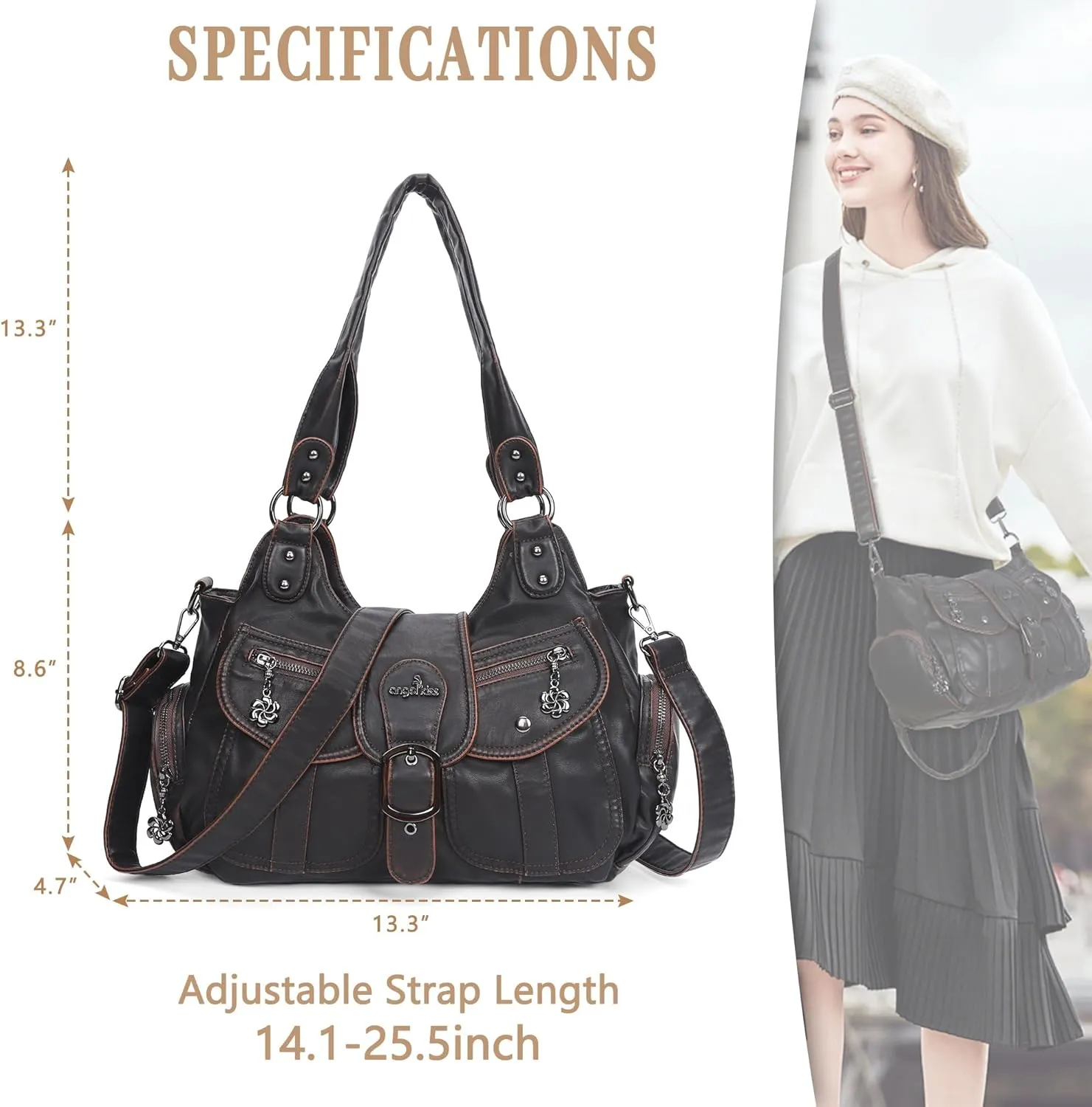 Angel Kiss Hobo Bags for Women Vegan Leather Shoulder Purses and Handbags Ladies Roomy Tote Bags Purse with Crossbody Strap