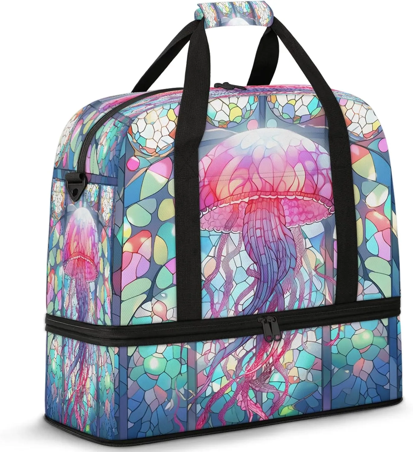 Animals Jellyfish Glass Travel Duffel Bags for Women & Men Large Sports Gym Bags Foldie Weekender Overnight Bag Carry On Tote Bag With Shoe Compartment Personal Item Bag for Travel Sports Gym