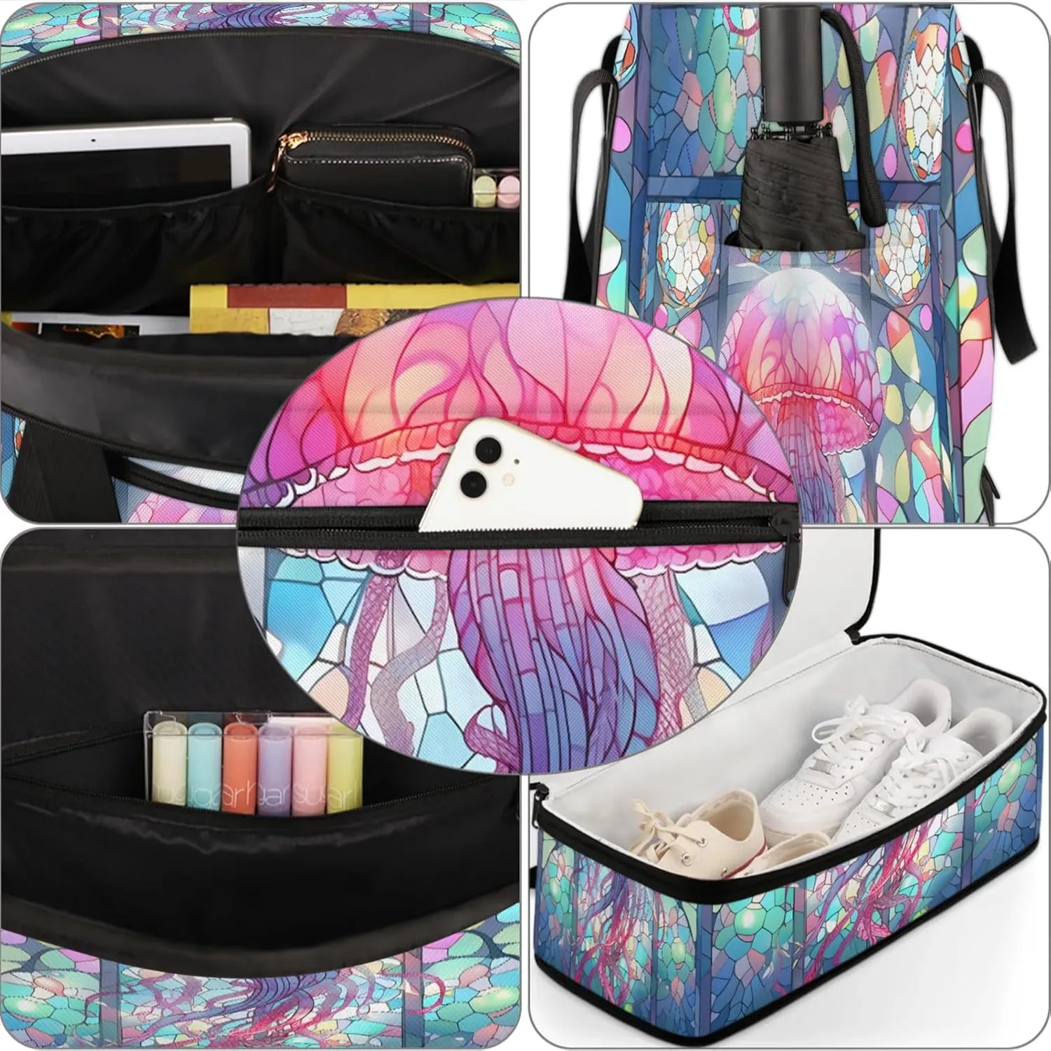 Animals Jellyfish Glass Travel Duffel Bags for Women & Men Large Sports Gym Bags Foldie Weekender Overnight Bag Carry On Tote Bag With Shoe Compartment Personal Item Bag for Travel Sports Gym