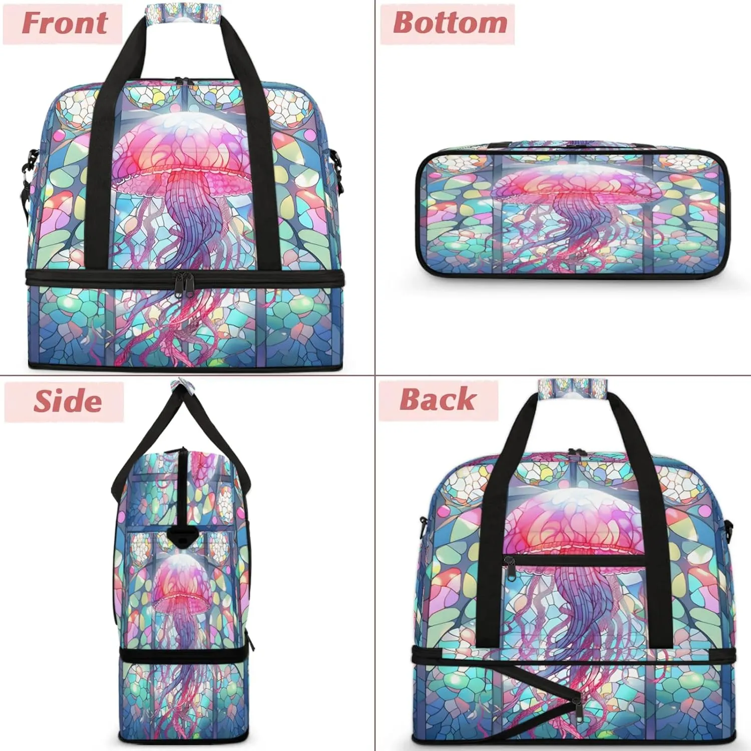 Animals Jellyfish Glass Travel Duffel Bags for Women & Men Large Sports Gym Bags Foldie Weekender Overnight Bag Carry On Tote Bag With Shoe Compartment Personal Item Bag for Travel Sports Gym