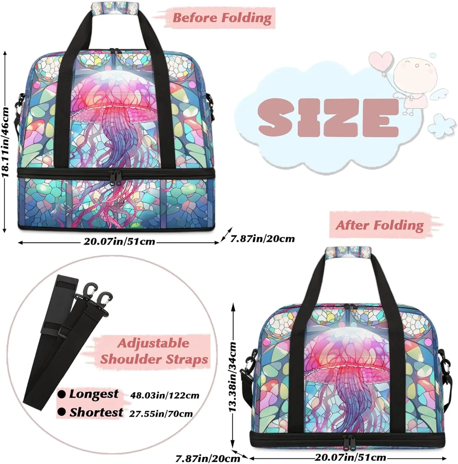 Animals Jellyfish Glass Travel Duffel Bags for Women & Men Large Sports Gym Bags Foldie Weekender Overnight Bag Carry On Tote Bag With Shoe Compartment Personal Item Bag for Travel Sports Gym