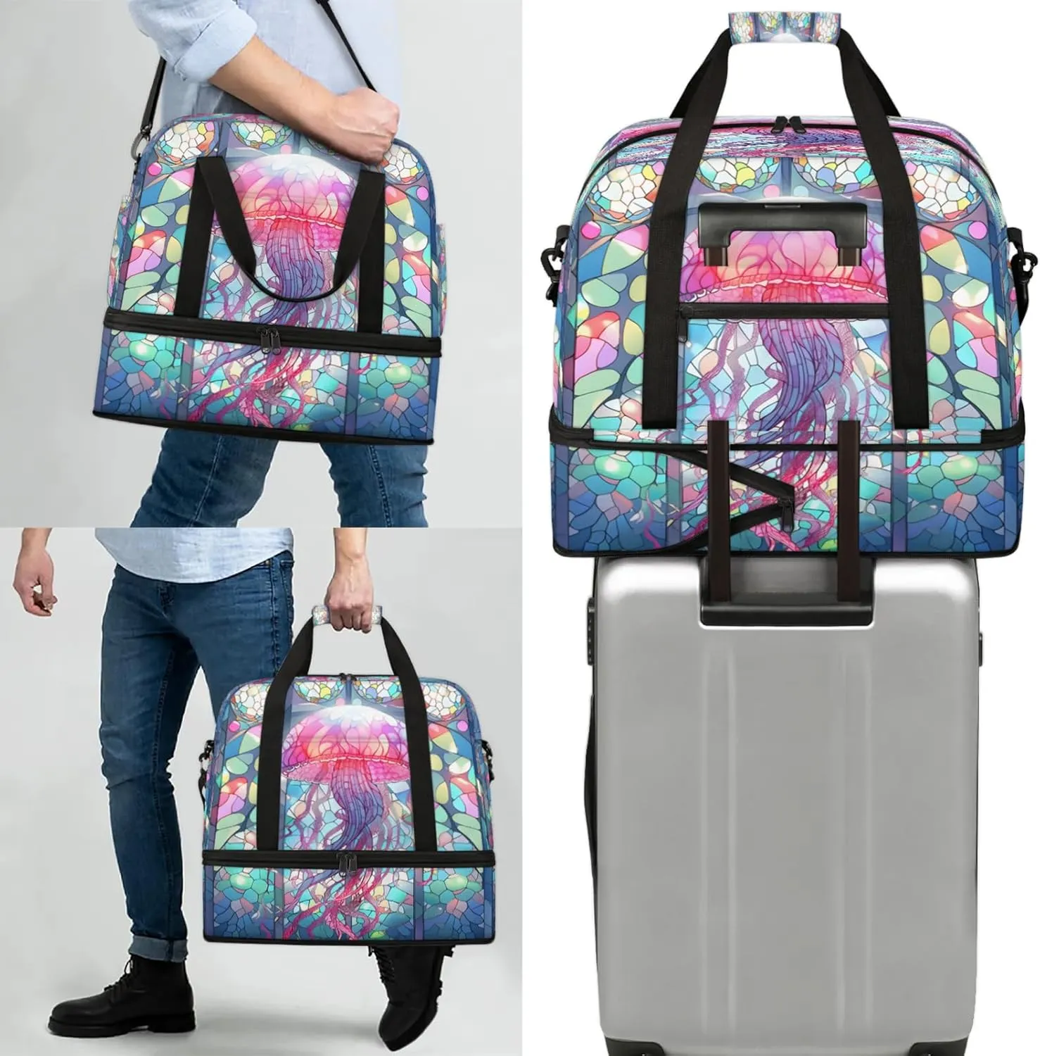 Animals Jellyfish Glass Travel Duffel Bags for Women & Men Large Sports Gym Bags Foldie Weekender Overnight Bag Carry On Tote Bag With Shoe Compartment Personal Item Bag for Travel Sports Gym