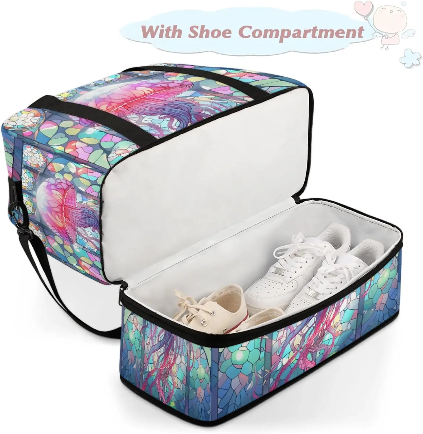 Animals Jellyfish Glass Travel Duffel Bags for Women & Men Large Sports Gym Bags Foldie Weekender Overnight Bag Carry On Tote Bag With Shoe Compartment Personal Item Bag for Travel Sports Gym