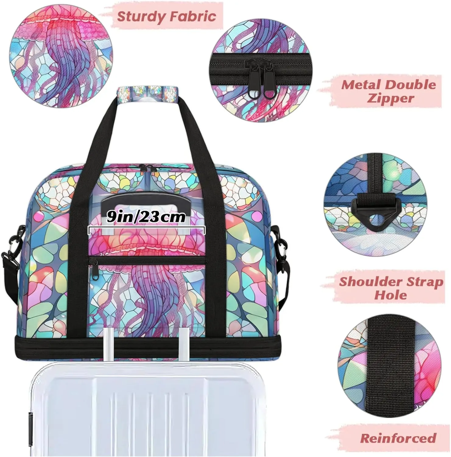 Animals Jellyfish Glass Travel Duffel Bags for Women & Men Large Sports Gym Bags Foldie Weekender Overnight Bag Carry On Tote Bag With Shoe Compartment Personal Item Bag for Travel Sports Gym
