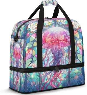 Animals Jellyfish Glass Travel Duffel Bags for Women & Men Large Sports Gym Bags Foldie Weekender Overnight Bag Carry On Tote Bag With Shoe Compartment Personal Item Bag for Travel Sports Gym