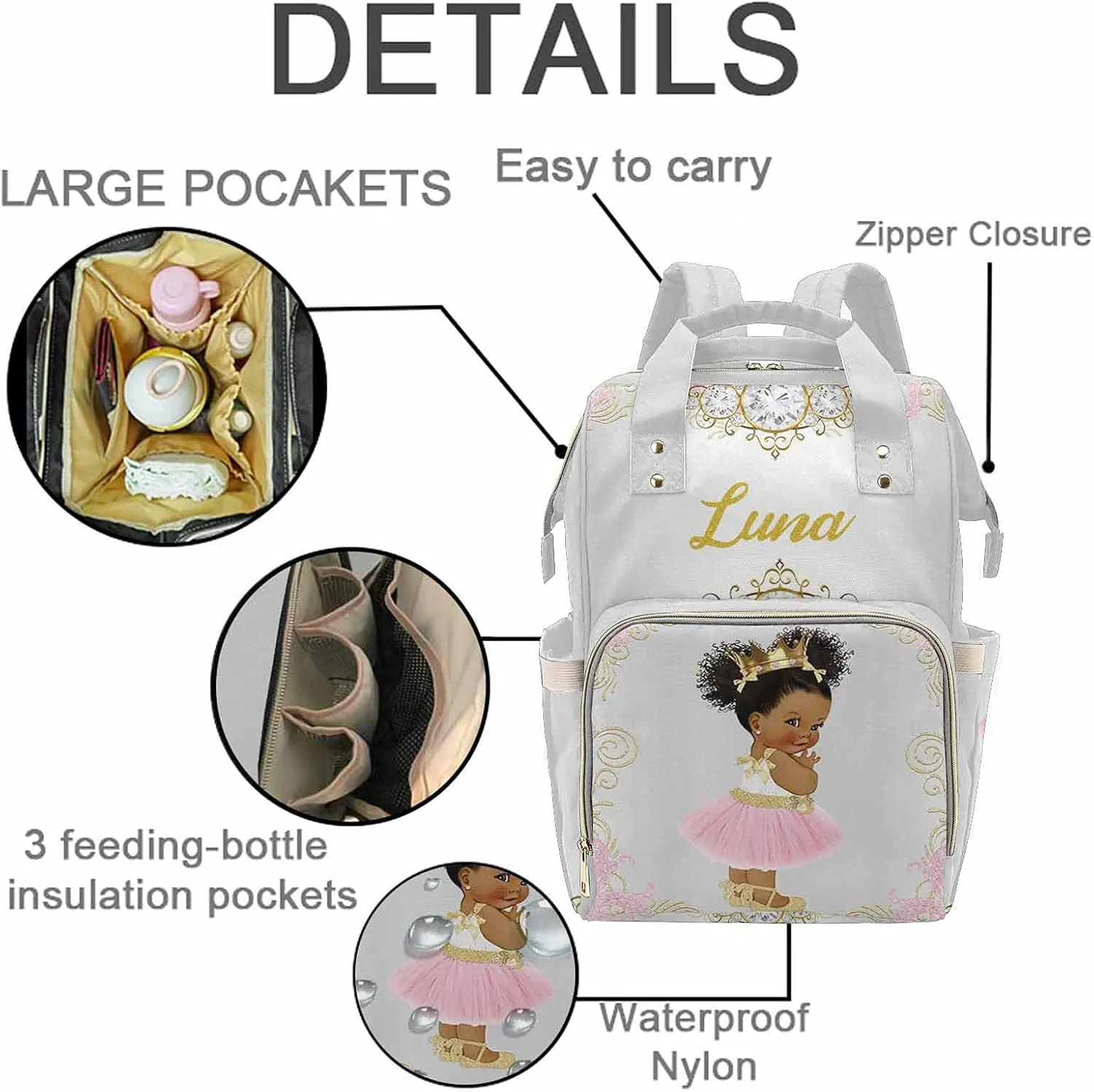 Artsadd Personalized Name Diaper Bag Backpack for Mom and Dad, Custom Royal Princess Baby Bags for Newborn African/American Boys & Girls Daycare Bag, Baby Backpack for Mom Gift