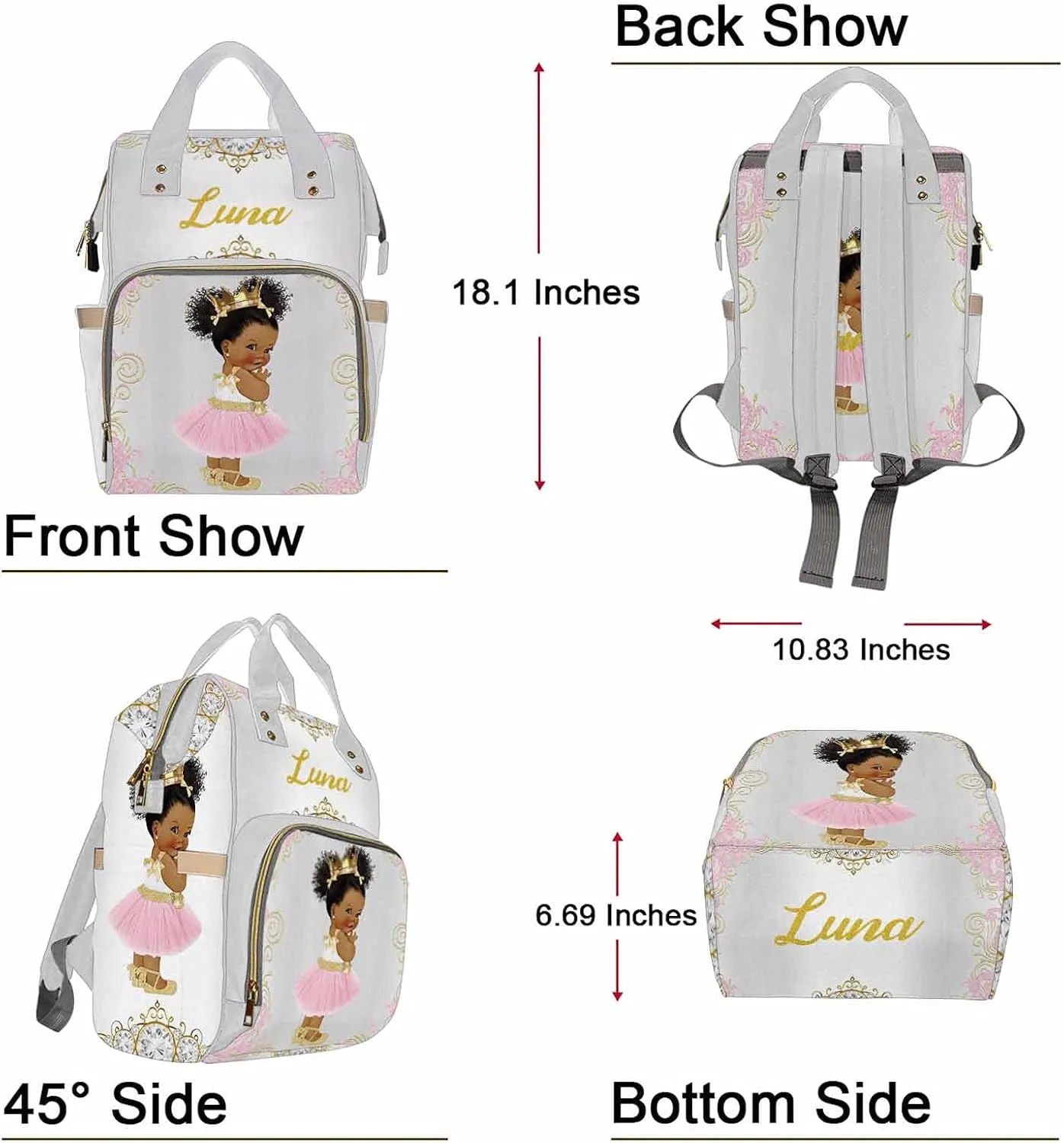 Artsadd Personalized Name Diaper Bag Backpack for Mom and Dad, Custom Royal Princess Baby Bags for Newborn African/American Boys & Girls Daycare Bag, Baby Backpack for Mom Gift