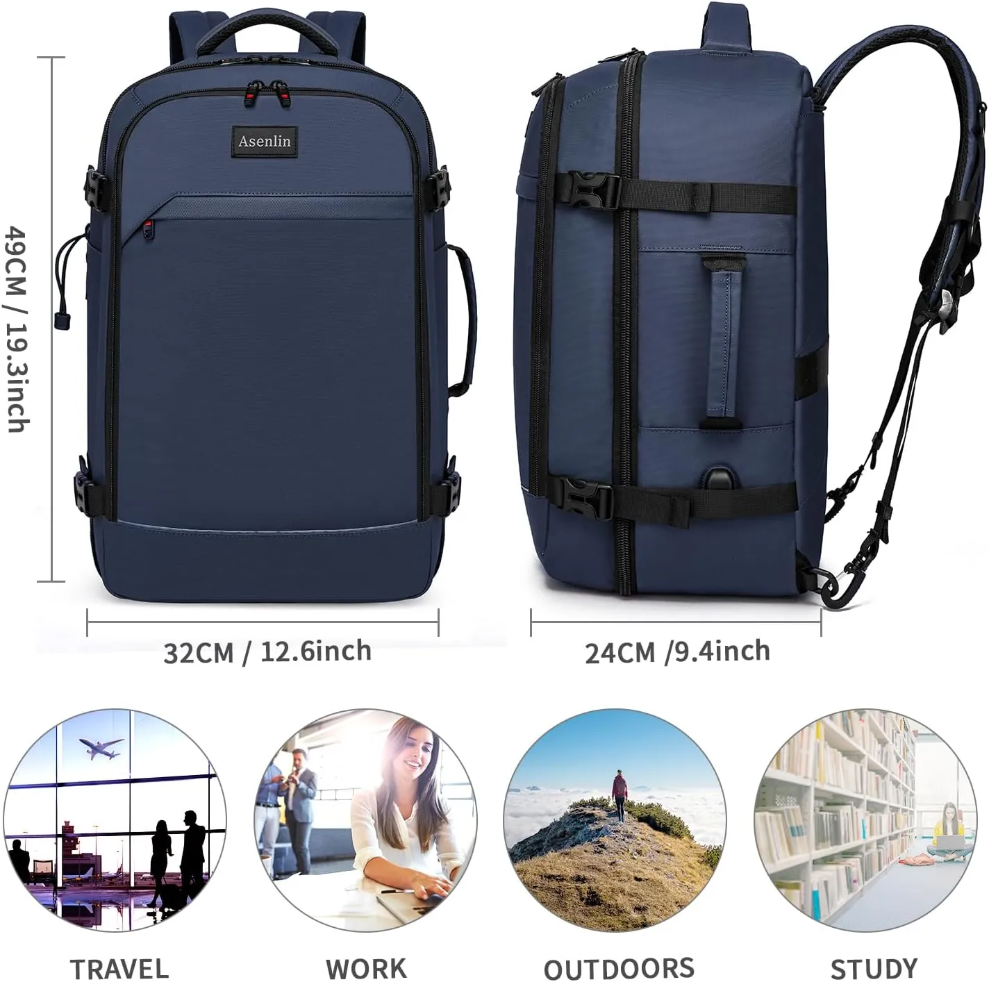 Asenlin 18 Inch Travel Laptop Backpack for Women Men，Business Travel Backpack Fit Flight Approved Water Resistant Computer Backpack Suitcase Backpack Blue