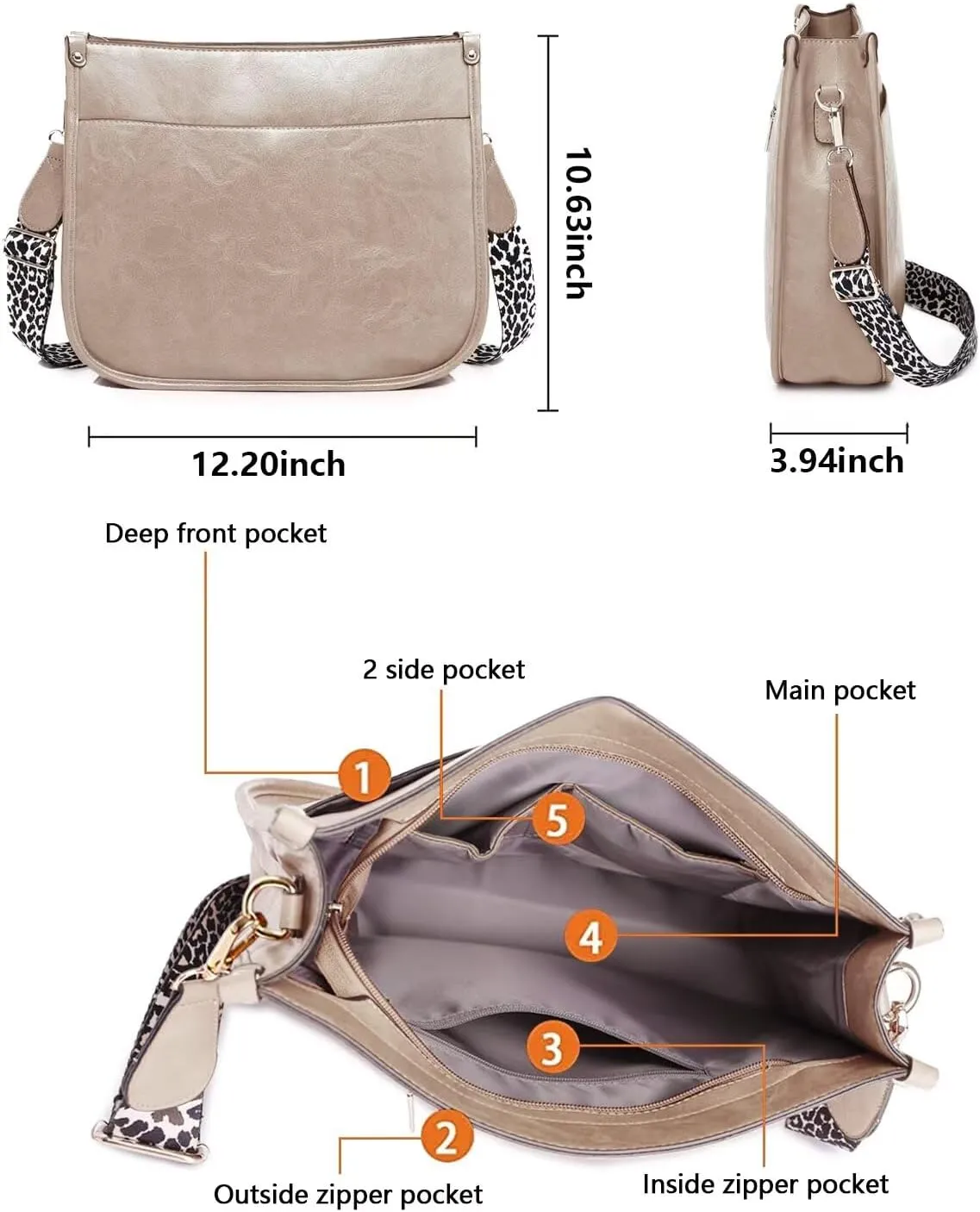 AUYOCO Vegan Leather Crossbody Bags for Women, Crossbody Purse with Guitar Strap Zipped Pockets Handbag Shoulder Bag