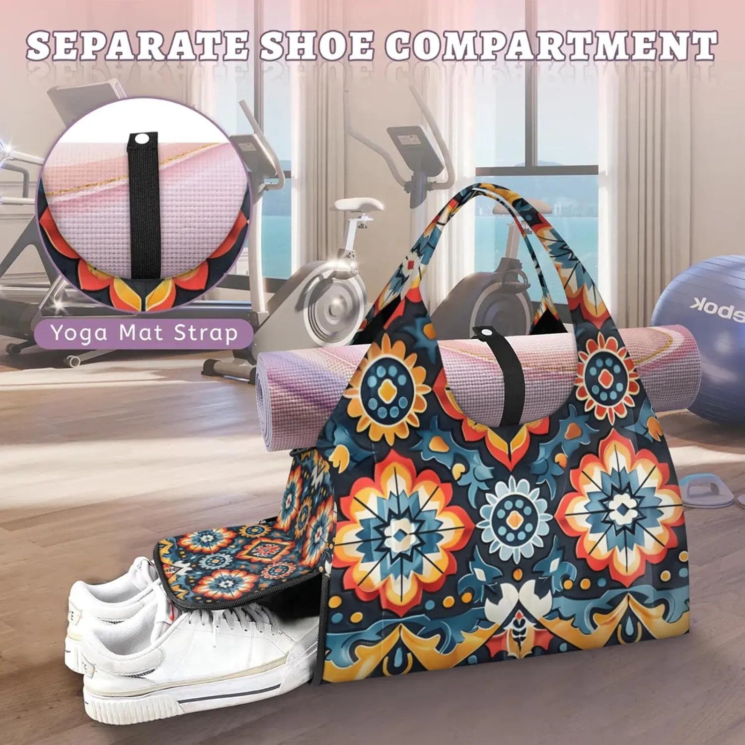 Aztec Blue Paper Gym Bag Yoga Mat Tote for Women with Shoes Compartment Lightweight Duffle Travel Carrier Wet Dry Storage Pockets Adjustable Pilates Mats Shoulder Bags for Sport Swim