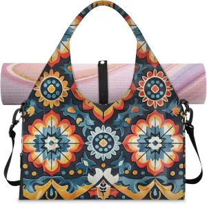 Aztec Blue Paper Gym Bag Yoga Mat Tote for Women with Shoes Compartment Lightweight Duffle Travel Carrier Wet Dry Storage Pockets Adjustable Pilates Mats Shoulder Bags for Sport Swim