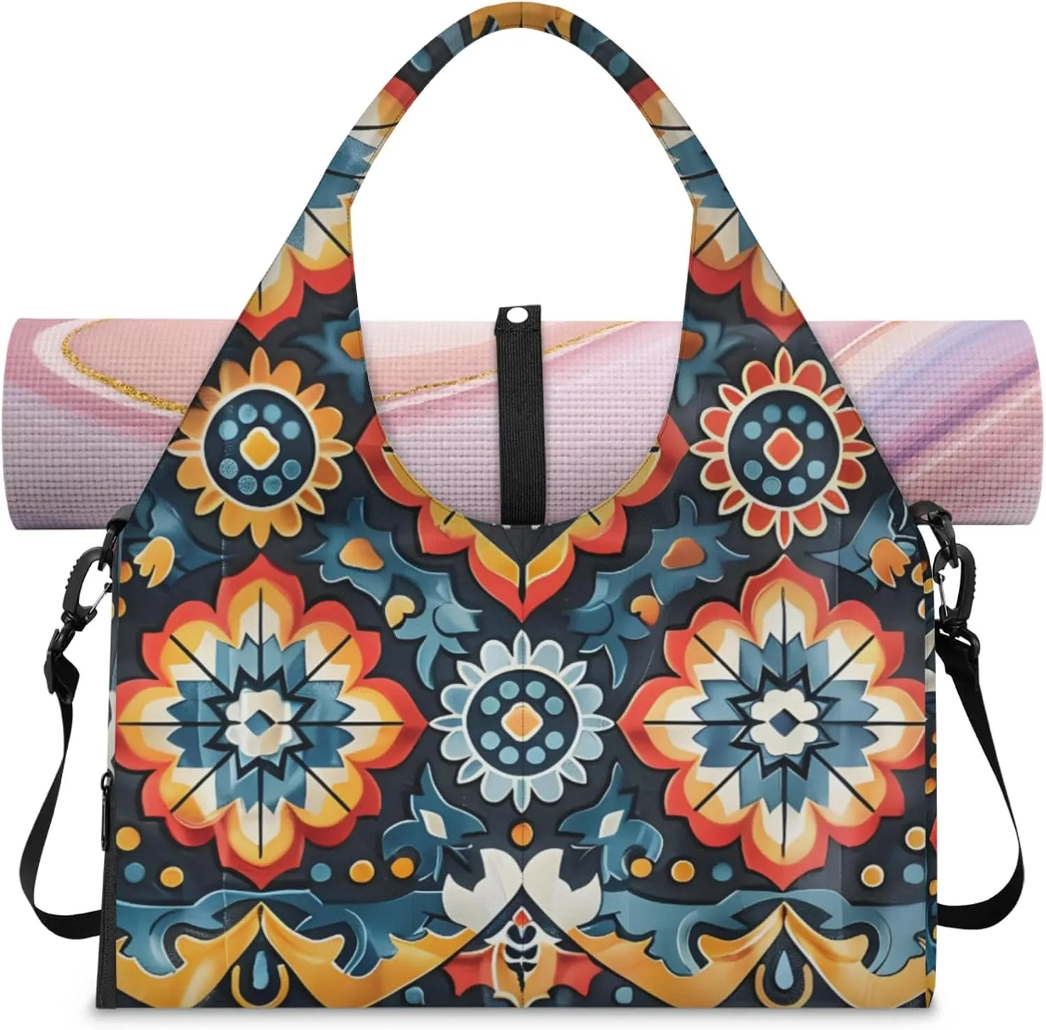 Aztec Blue Paper Gym Bag Yoga Mat Tote for Women with Shoes Compartment Lightweight Duffle Travel Carrier Wet Dry Storage Pockets Adjustable Pilates Mats Shoulder Bags for Sport Swim