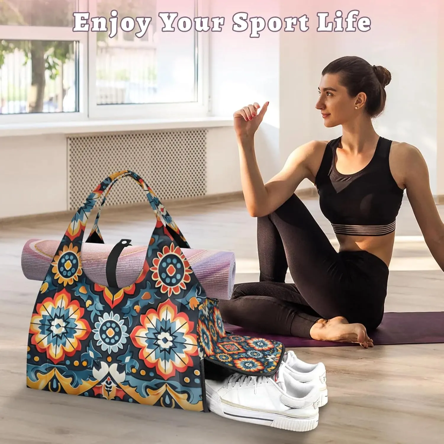 Aztec Blue Paper Gym Bag Yoga Mat Tote for Women with Shoes Compartment Lightweight Duffle Travel Carrier Wet Dry Storage Pockets Adjustable Pilates Mats Shoulder Bags for Sport Swim