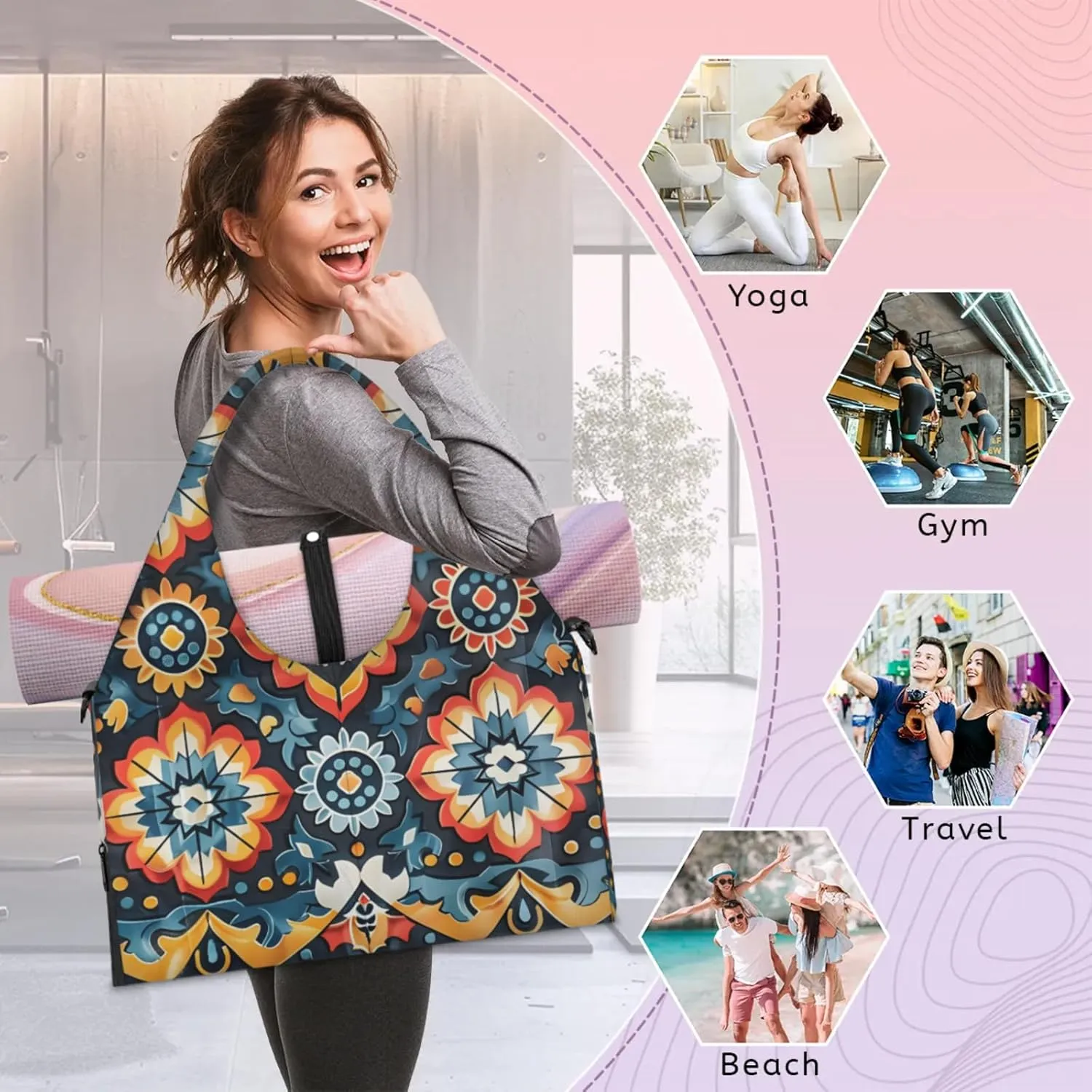 Aztec Blue Paper Gym Bag Yoga Mat Tote for Women with Shoes Compartment Lightweight Duffle Travel Carrier Wet Dry Storage Pockets Adjustable Pilates Mats Shoulder Bags for Sport Swim