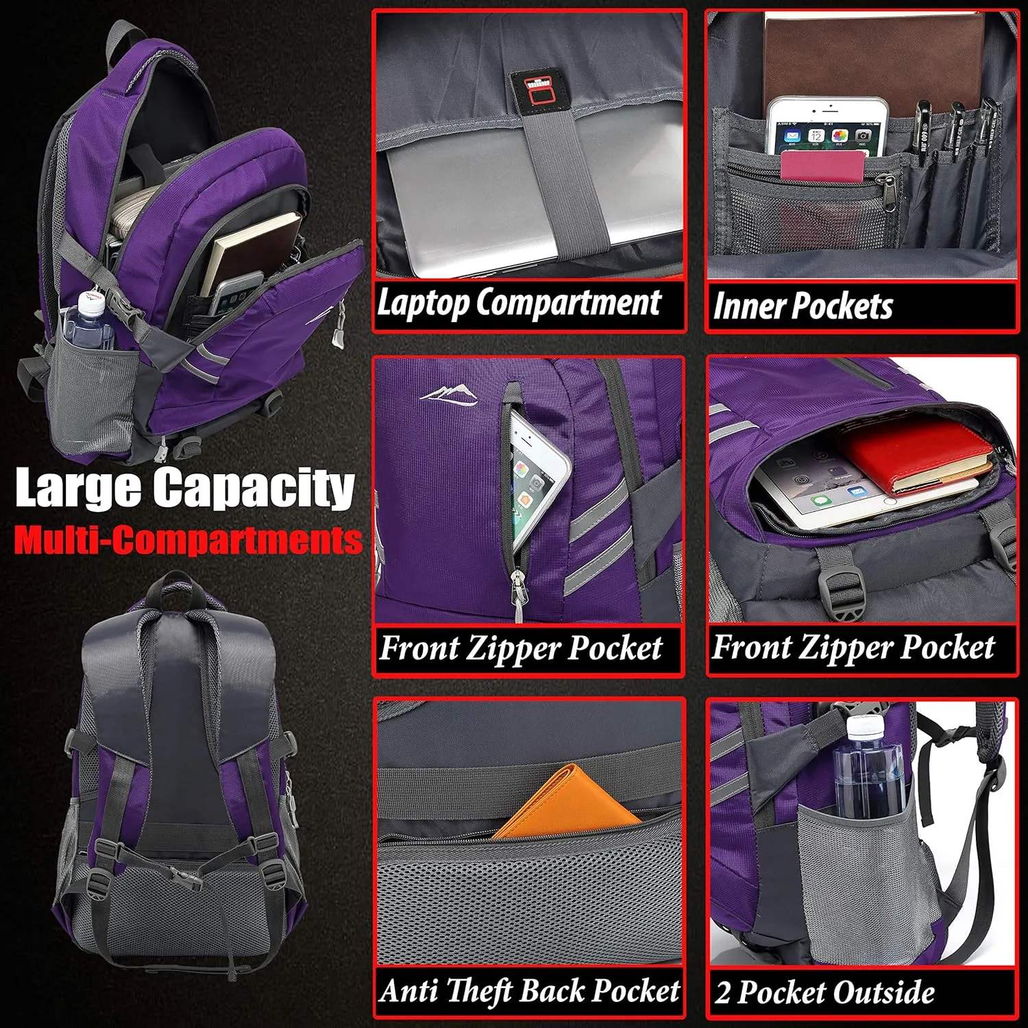 Backpack Bookbag for College Laptop Travel,Fit Laptop Up to 15.6 inch Multi Compartment with USB Charging Port Anti theft, Gift for Men Women (Purple)