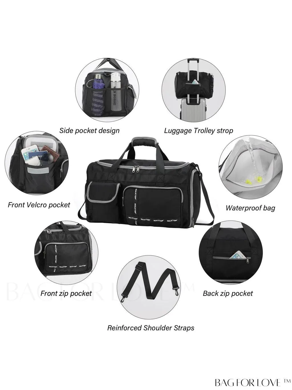 BagForLove - Stylish Maxtop Womens Travel Duffle Bag - Spacious Weekender Tote with Shoe Compartment and Wet/Dry Separation