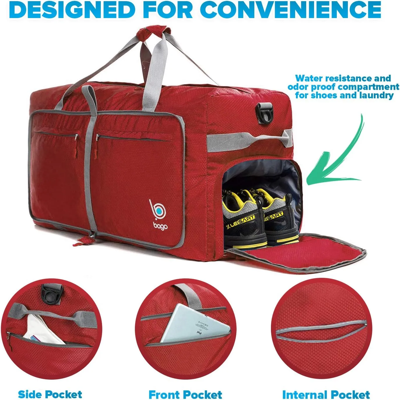 Bago 40L 60L 80L 100L 120L 140L Duffel Bags for Traveling – Durable Lightweight Waterproof Foldable Duffle Bag for Travel with Shoe Compartment, Packable Collapsible Overnight Bag for Men & Women