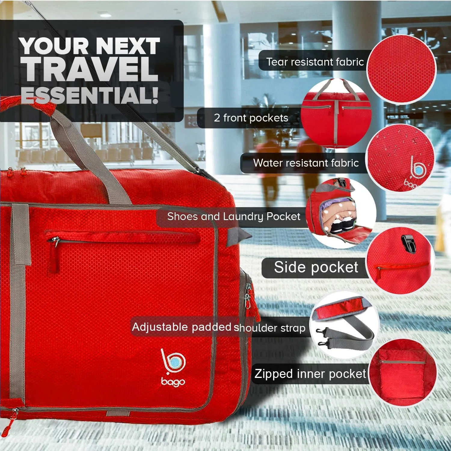 Bago 40L 60L 80L 100L 120L 140L Duffel Bags for Traveling – Durable Lightweight Waterproof Foldable Duffle Bag for Travel with Shoe Compartment, Packable Collapsible Overnight Bag for Men & Women
