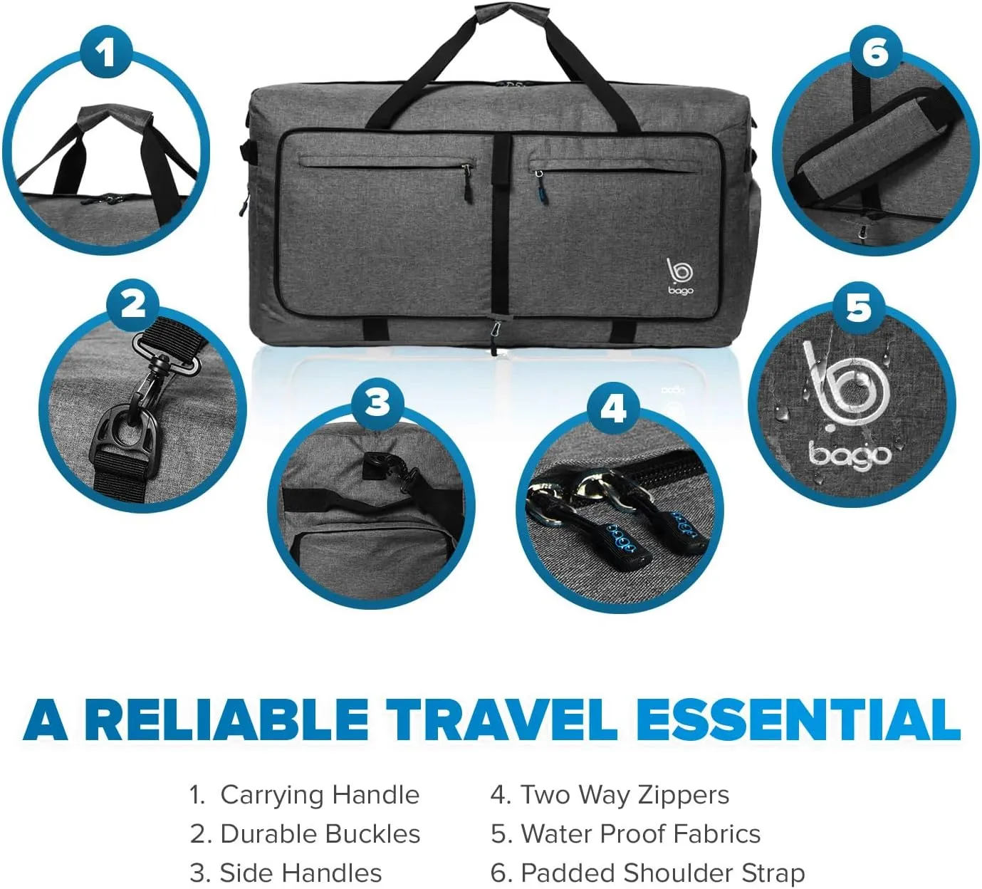 Bago Foldable Duffel Bags for Traveling Women & Men - 60L Medium Packable Duffle Bag for Travel with Shoe Compartment - Water Repellant, Heavy Duty, Lightweight Folding & Collapsible (SnowBlack)