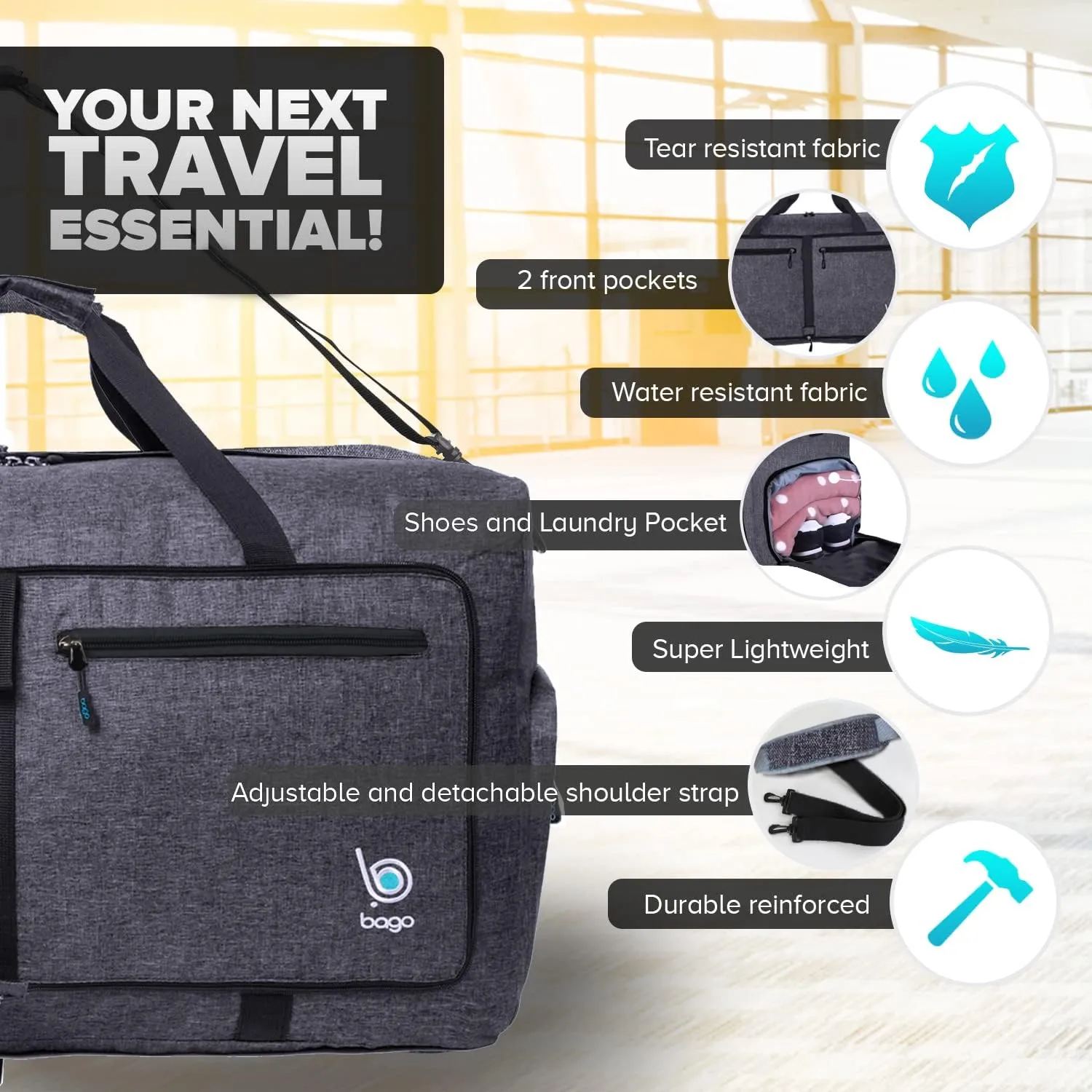 Bago Foldable Duffel Bags for Traveling Women & Men - 60L Medium Packable Duffle Bag for Travel with Shoe Compartment - Water Repellant, Heavy Duty, Lightweight Folding & Collapsible (SnowBlack)