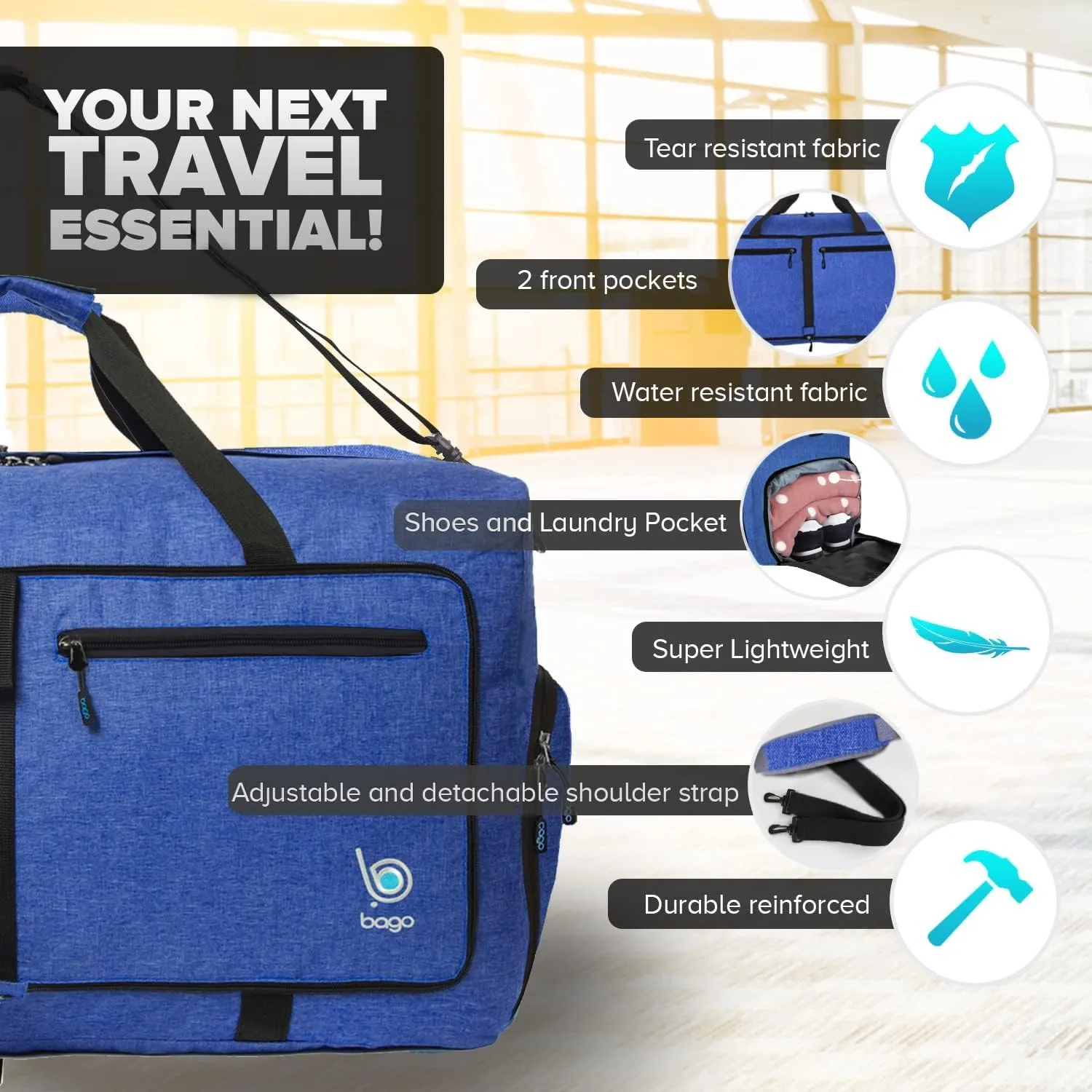 Bago Large Foldable Duffel Bags for Traveling Women & Men - 120L Packable Duffle Bag for Travel with Shoe Compartment - Water Repellant, Heavy Duty, Lightweight Folding & Collapsible (SnowDepBlue)