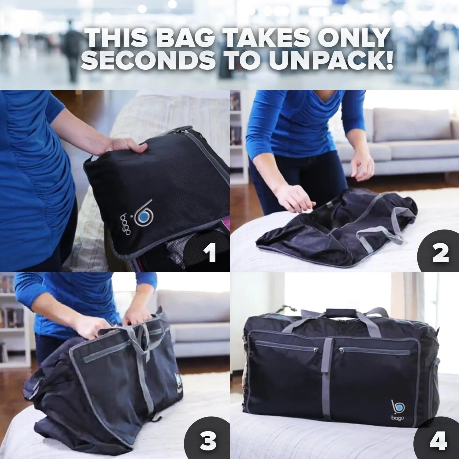 Bago Large Foldable Duffel Bags for Traveling Women & Men - 120L Packable Duffle Bag for Travel with Shoe Compartment - Water Repellant, Heavy Duty, Lightweight Folding & Collapsible (SnowDepBlue)