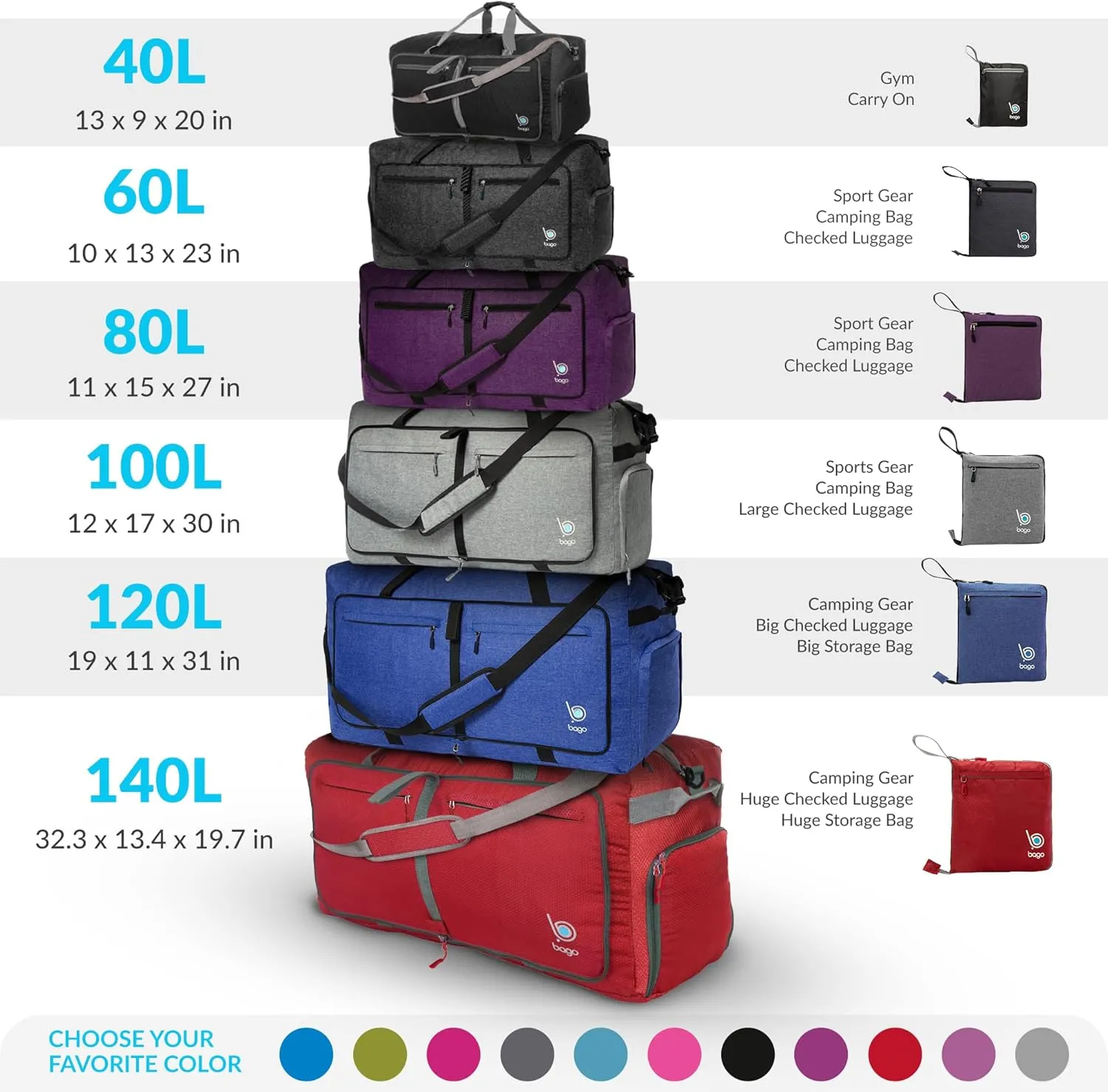 Bago Large Foldable Duffel Bags for Traveling Women & Men - 120L Packable Duffle Bag for Travel with Shoe Compartment - Water Repellant, Heavy Duty, Lightweight Folding & Collapsible (SnowDepBlue)