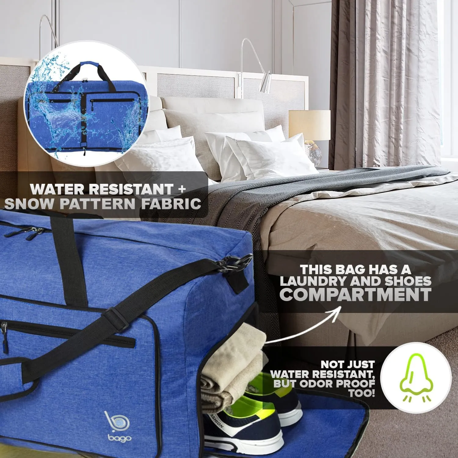 Bago Large Foldable Duffel Bags for Traveling Women & Men - 120L Packable Duffle Bag for Travel with Shoe Compartment - Water Repellant, Heavy Duty, Lightweight Folding & Collapsible (SnowDepBlue)