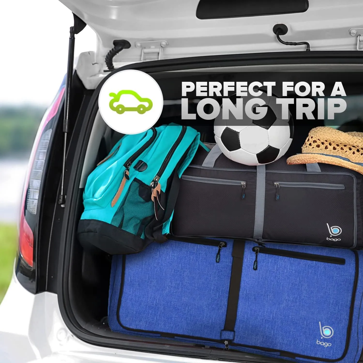 Bago Large Foldable Duffel Bags for Traveling Women & Men - 120L Packable Duffle Bag for Travel with Shoe Compartment - Water Repellant, Heavy Duty, Lightweight Folding & Collapsible (SnowDepBlue)