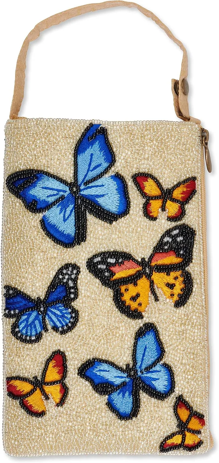 Bamboo Trading Company Butterflies Cell Phone or Club Bag with a separate, secure side zip pocket for cash and credit cards, 7-inch Height, Multicolor