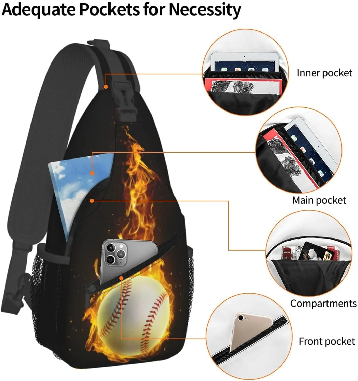 Baseball Fire Chest Bags Crossbody Sling Bag Shoulder Bag Travel Hiking Daypack For Men Women