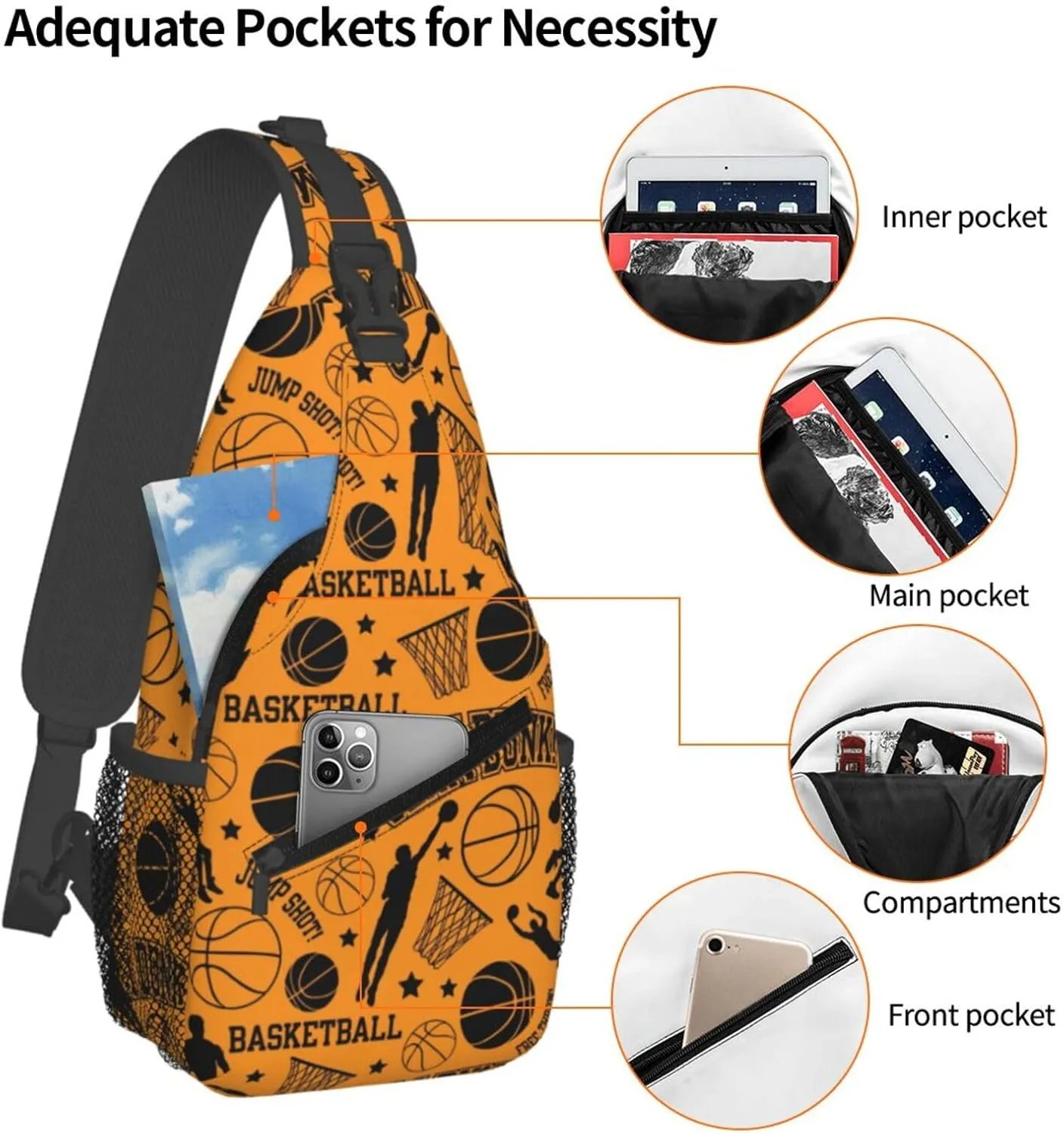 Basketball Hoop Basketball Net Dribble Jump Shot Chest Bags Crossbody Sling Bag Shoulder Bag Travel Hiking Daypack For Men Women