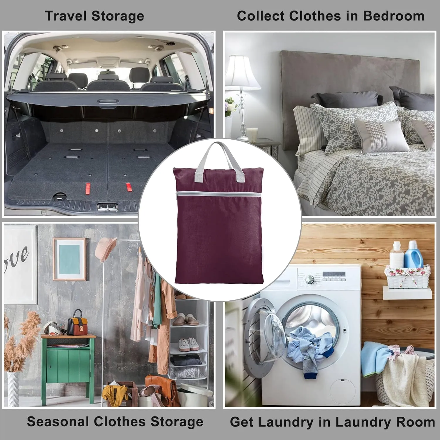 BeeGreen Burgundy Travel Laundry Bag with Handles & Zipper Pockets Dirty Clothes Hanging Laundry Hamper Heavy Duty Collapsible for College Dorm Gym Beach Pool Swimsuit