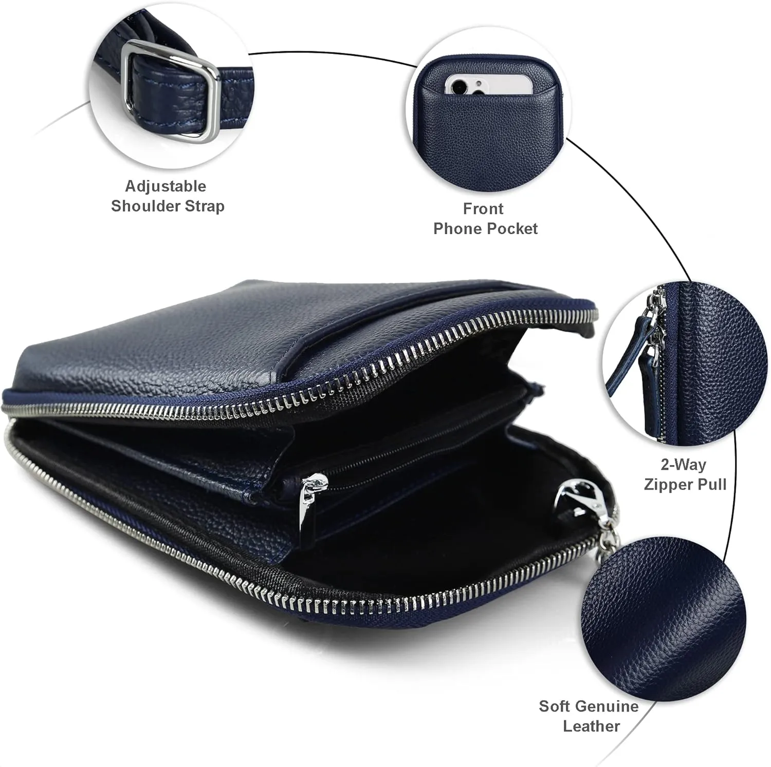 befen Genuine Leather Crossbody Cell Phone Purse for Women, Small Zip Around RFID Blocking Crossbody Wallet Bags