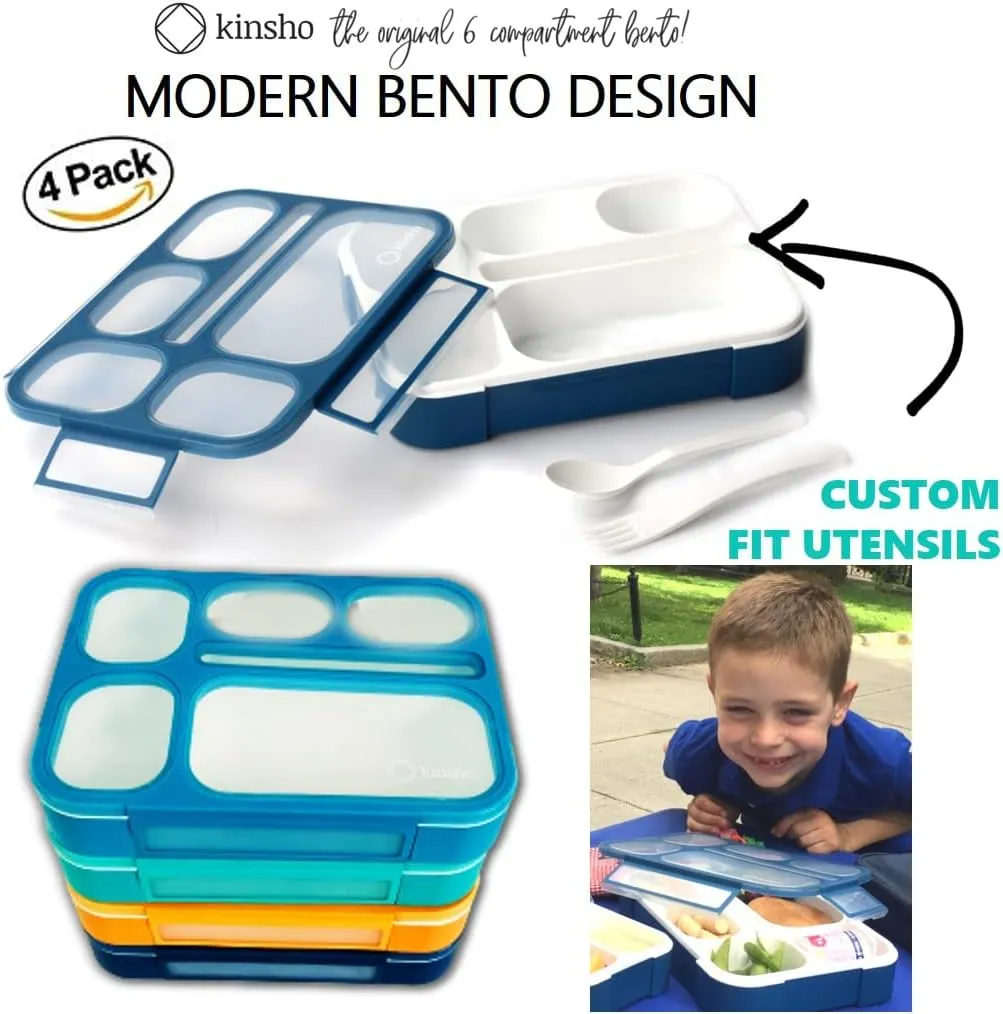 Bento Lunch Box Set of 4, Food Prep & Meal Planning Portion Containers For Kids Toddlers Adults, 6 Divided Leakproof Compartments for Lunches, Snacks, BPA Free, Blue, Navy, Orange, Teal, Four pack