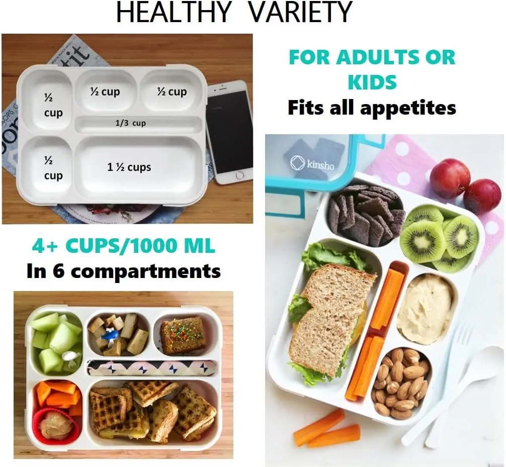 Bento Lunch Box Set of 4, Food Prep & Meal Planning Portion Containers For Kids Toddlers Adults, 6 Divided Leakproof Compartments for Lunches, Snacks, BPA Free, Blue, Navy, Orange, Teal, Four pack