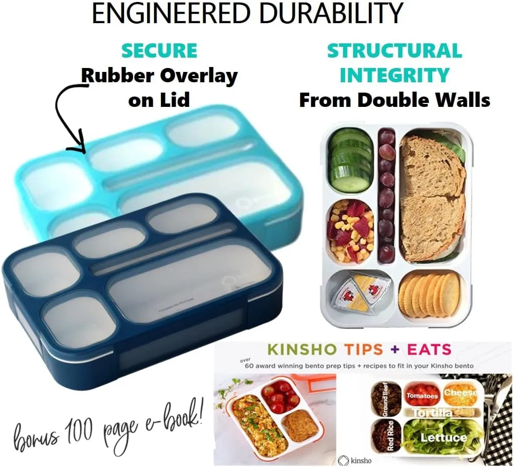 Bento Lunch Box Set of 4, Food Prep & Meal Planning Portion Containers For Kids Toddlers Adults, 6 Divided Leakproof Compartments for Lunches, Snacks, BPA Free, Blue, Navy, Orange, Teal, Four pack