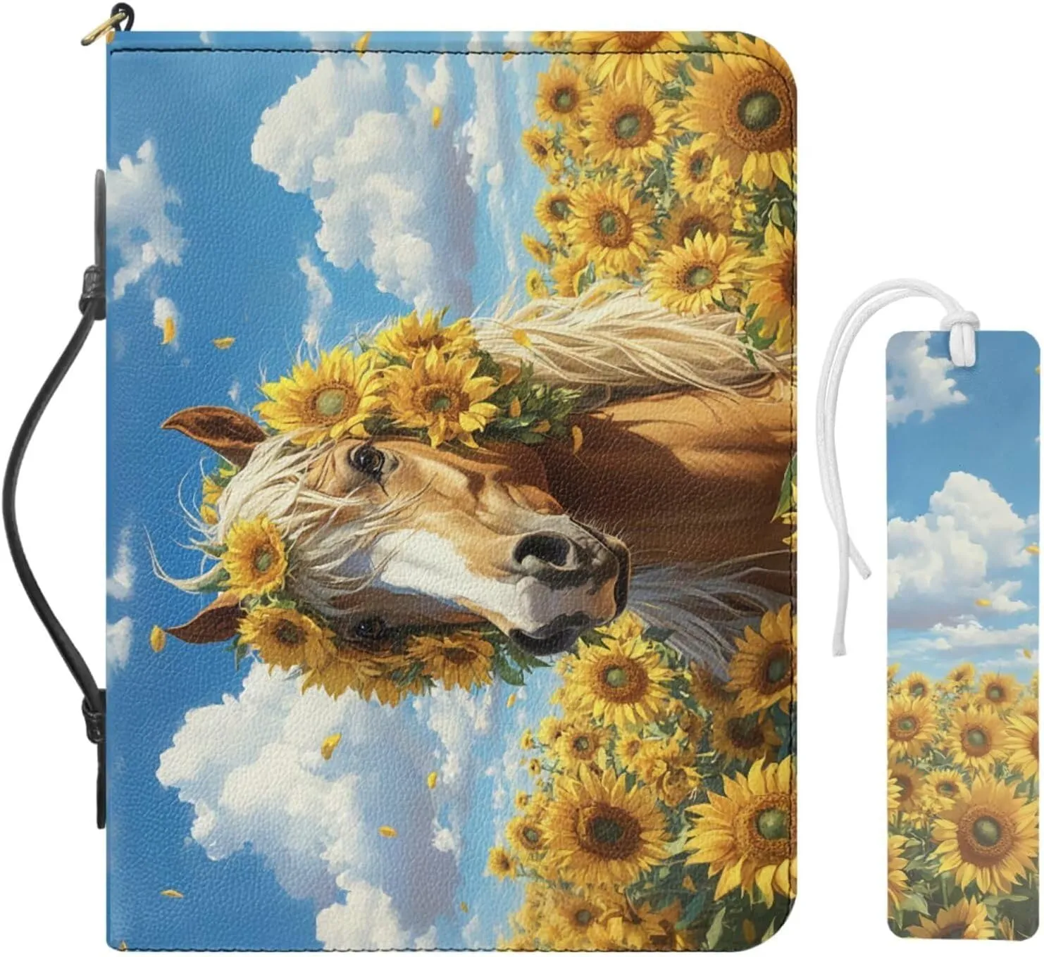 Bible Cover Case with Page Maker, Bible Cover Large Bibles Study Pouch Ladies Bibles Cover Accessories Bag Easy to Carry for Lady Fashion Books Handbags Sunflower Horse