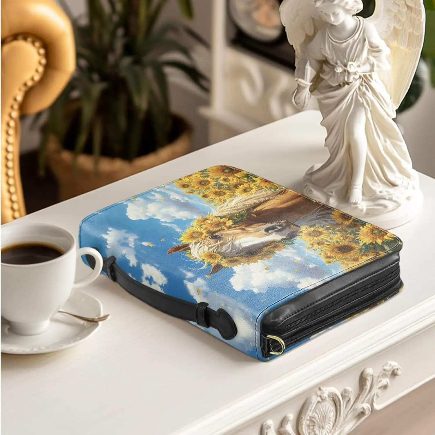 Bible Cover Case with Page Maker, Bible Cover Large Bibles Study Pouch Ladies Bibles Cover Accessories Bag Easy to Carry for Lady Fashion Books Handbags Sunflower Horse