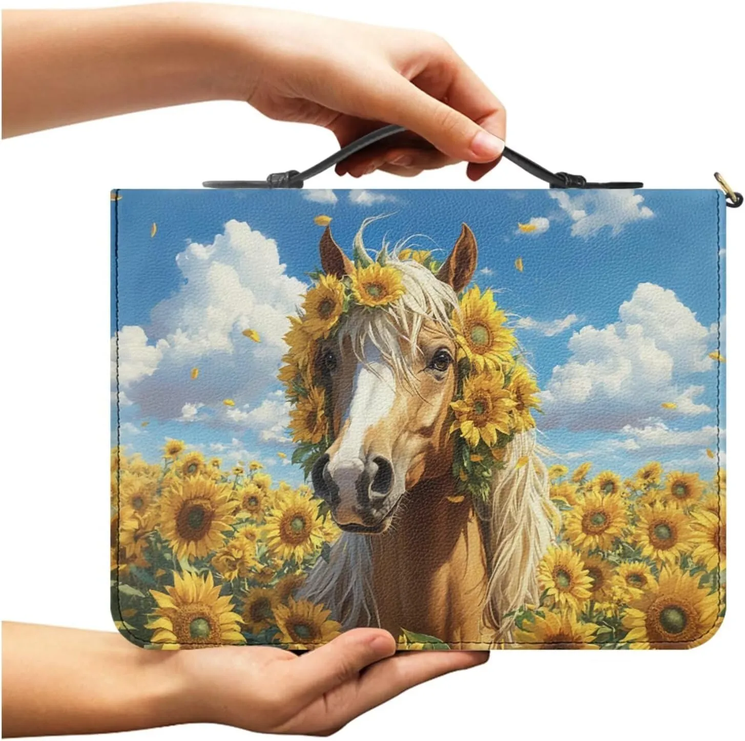 Bible Cover Case with Page Maker, Bible Cover Large Bibles Study Pouch Ladies Bibles Cover Accessories Bag Easy to Carry for Lady Fashion Books Handbags Sunflower Horse