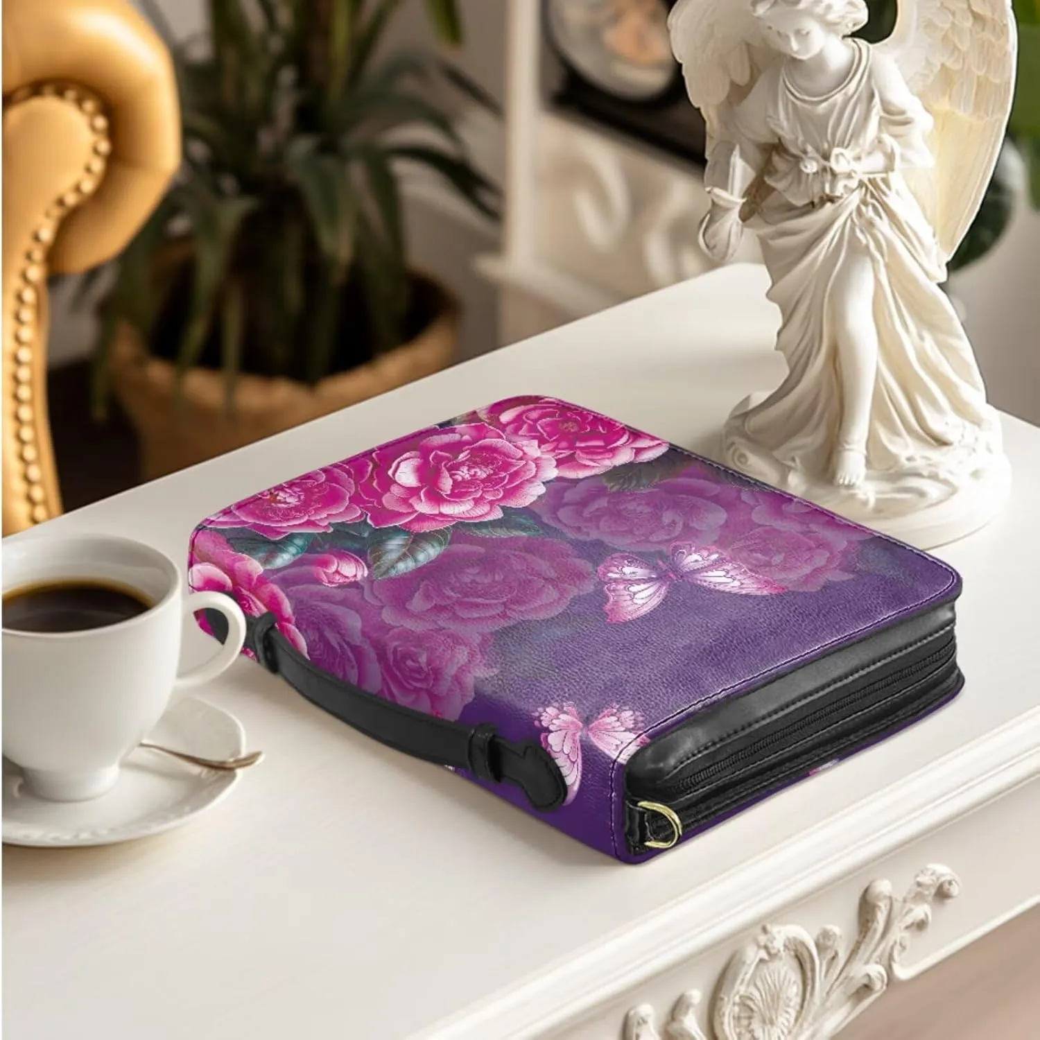 Bible Cover Case with Page Mark, Retro Bible Cover 2Pcs Leather Bibles Cover Accessories Bag Bibles Carrier Handbags for Books Carrying Book Case Set of 2 Rose Prints