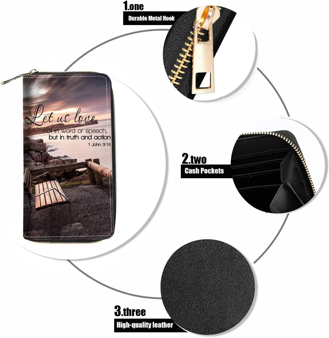 Bible Verse 1 John 3:18 Print Wallet for Women Large Capacity Wallet Credit Card Holder PU Leather Zipper Clutch Purse Phone Wallet