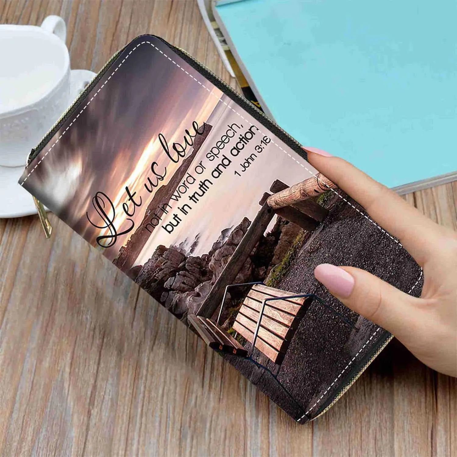 Bible Verse 1 John 3:18 Print Wallet for Women Large Capacity Wallet Credit Card Holder PU Leather Zipper Clutch Purse Phone Wallet