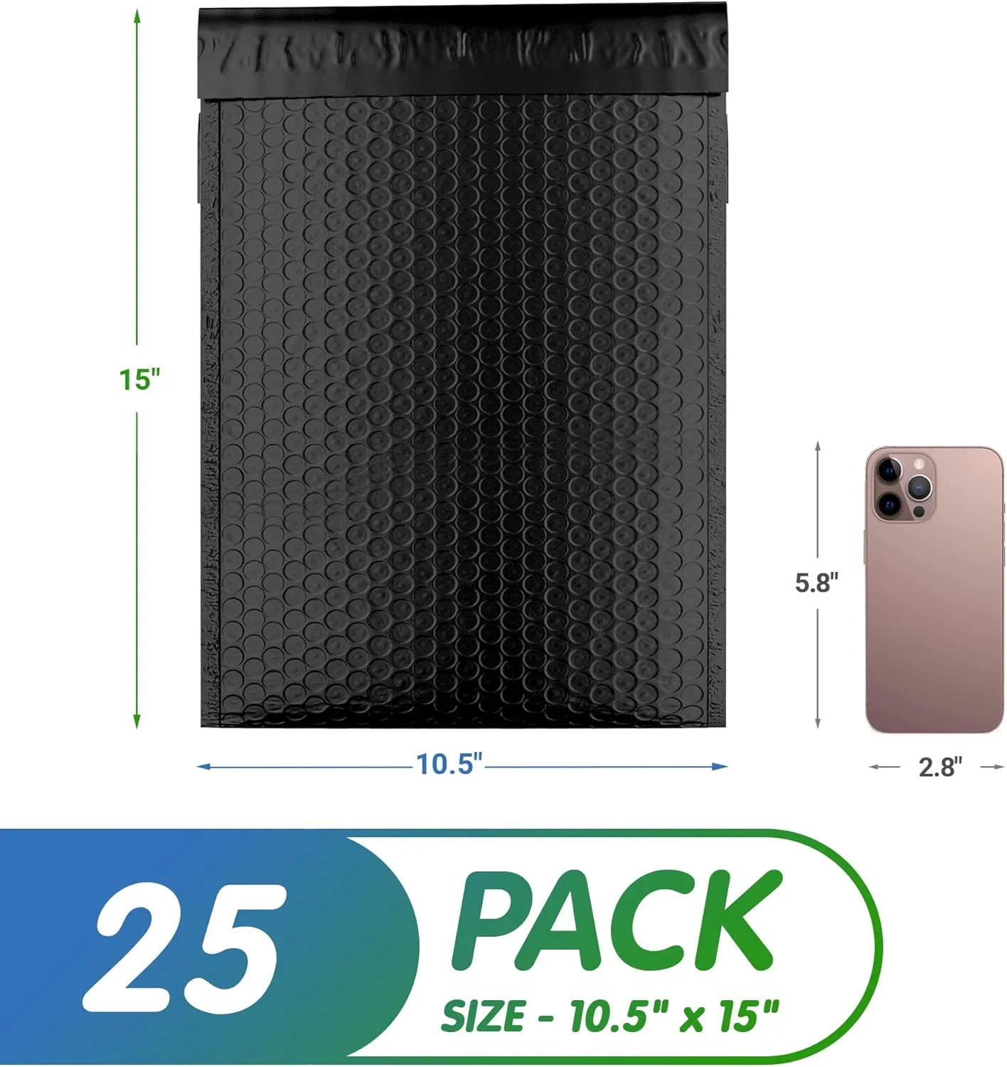 Black Poly Bubble Mailers Self Seal, 10.5 x 15 Inch. 25 Pack Bubble Packaging Envelopes for Shipping. Durable Sealed Mailing Envelopes Bubble Padded. Waterproof Bubble Bags for Shipping